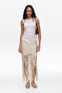 Sand irregular fringed linen skirt