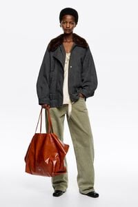 Dark gray double-breasted jacket with detachable fur