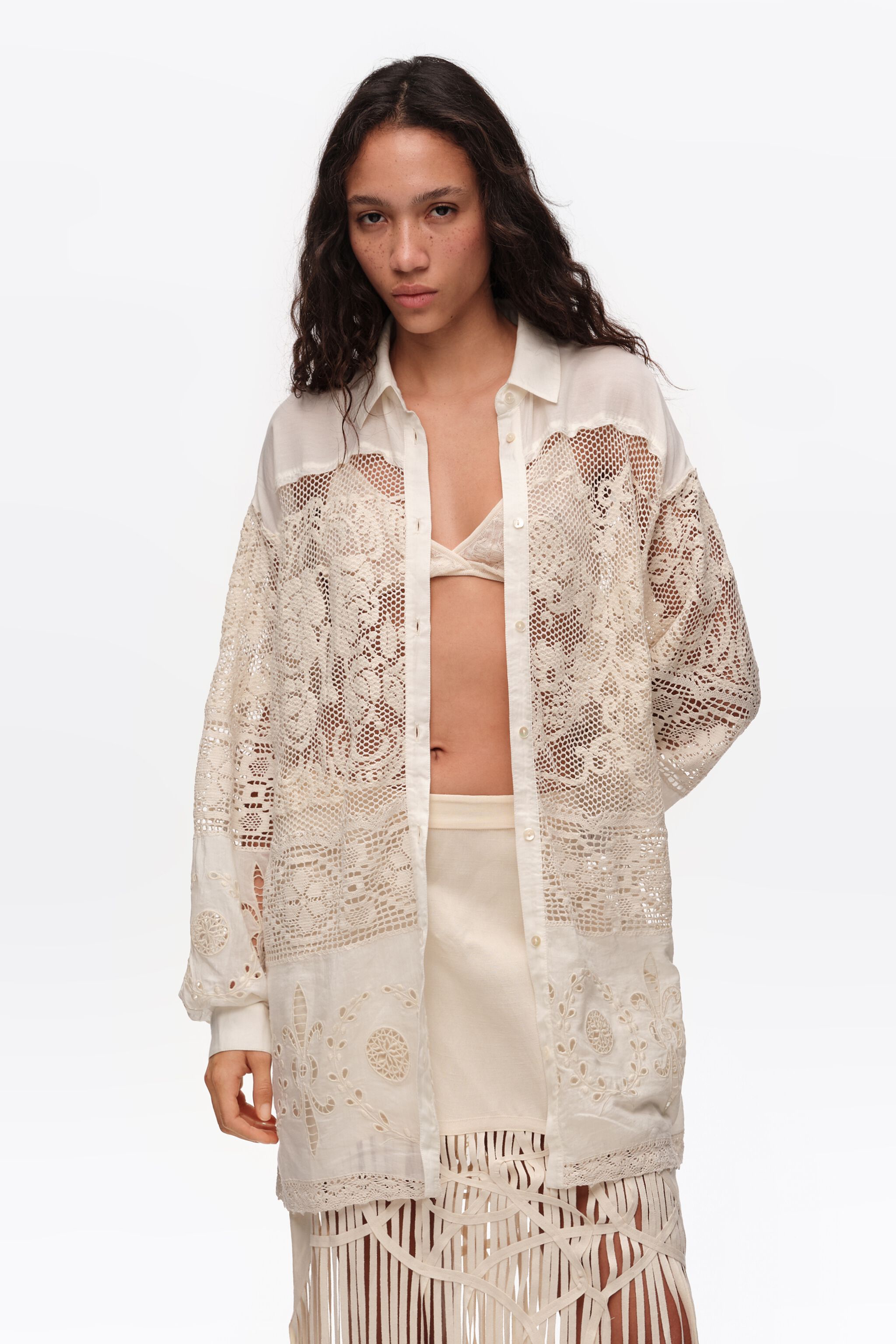 Ecru oversize lace patchwork shirt