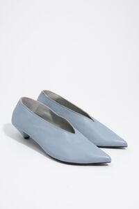Blue leather low heel court shoe