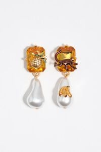 Crystal topaz and pearl earrings with monkey, pineapple and bananas