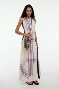 Ivory linen striped sleeveless dress with overlay strap