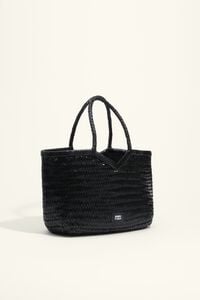 Large black plaited leather shopper bag