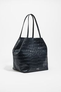 Large leather shopper bag in petrol blue crocodile embossed