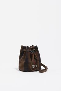 Mini brown checked waxed gabardine bucket make-up case