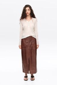 Washed brown leather midi skirt