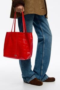 Medium leather shopper bag in red mock croc
