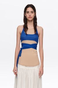 Top with overlay piece in contrast sand color