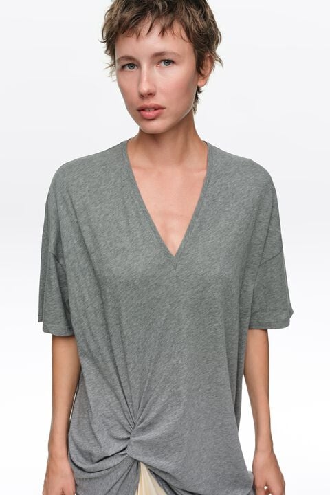 grey v neck t shirt dress Gray melange two-material T-shirt with knot Ladies dresses