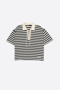 Black striped T-shirt with adjustable polo shirt collar