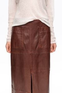 Washed brown leather midi skirt