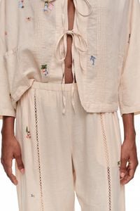 Pantal&oacute;n ancho encajes y minibordados lino blanco