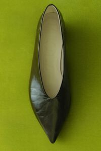 Green leather low heel court shoe