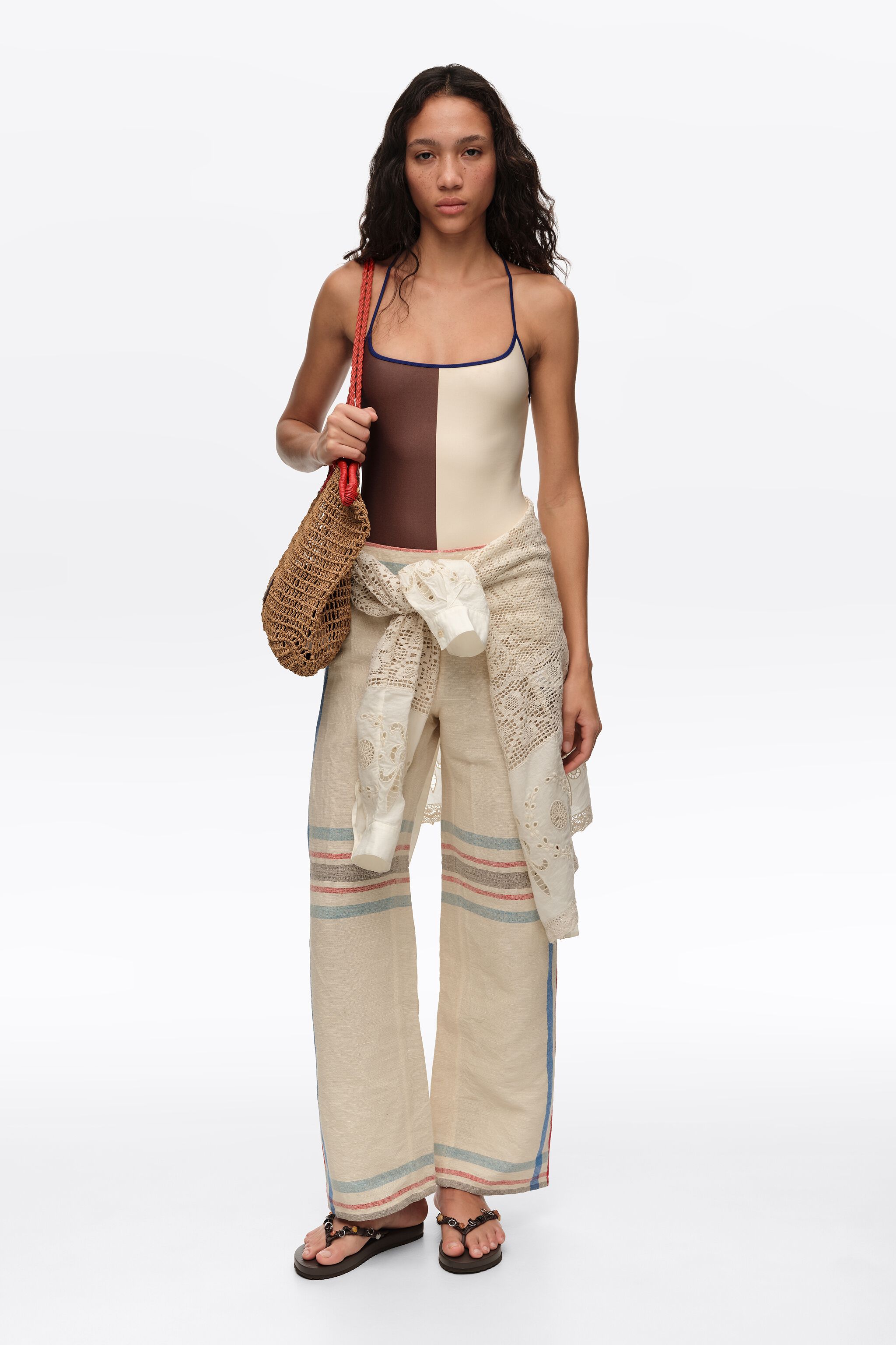 Ecru linen straight ankle length striped trousers