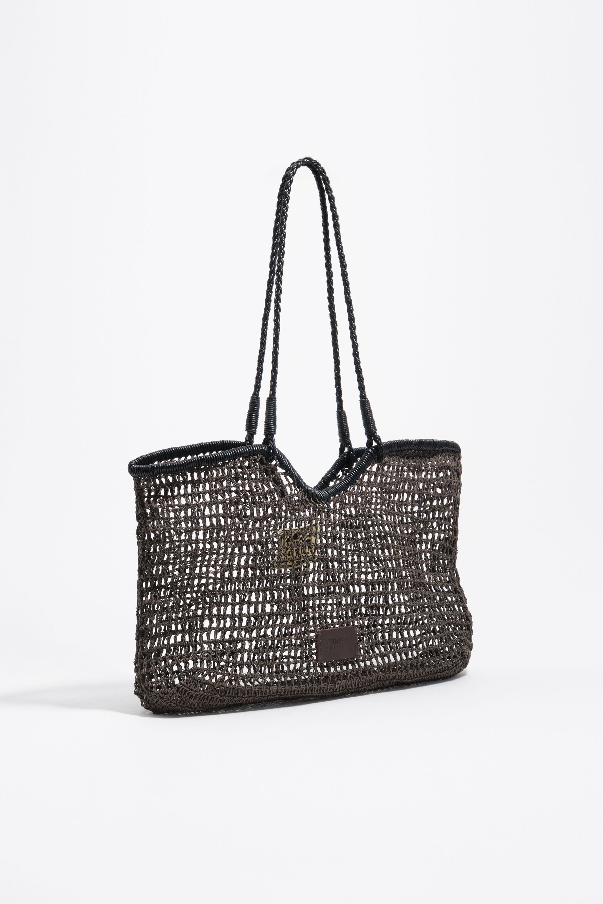 Large chocolate raffia-effect shopper bag