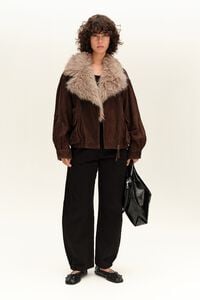 Chocolate leather double-breasted jacket with fur collar