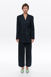 Navy blue checked darted barrel-leg trousers