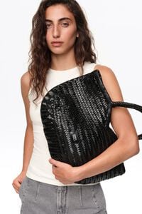 Large black plaited leather shopper bag