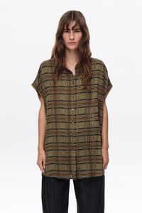 Camisa manga ca&iacute;da cuadros caqui