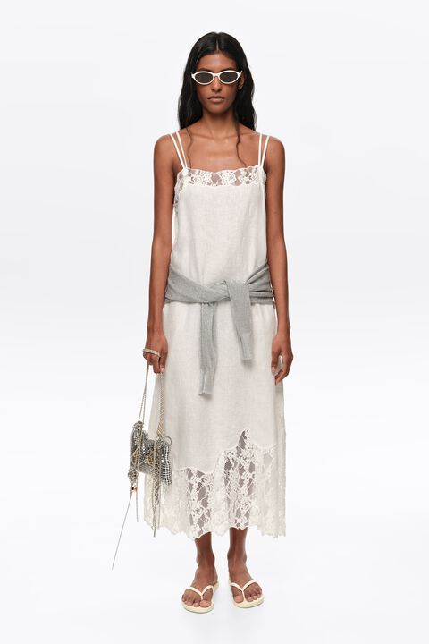 White washed linen lace midi dress