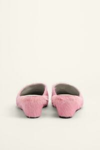 Pink leather fur wedge mule