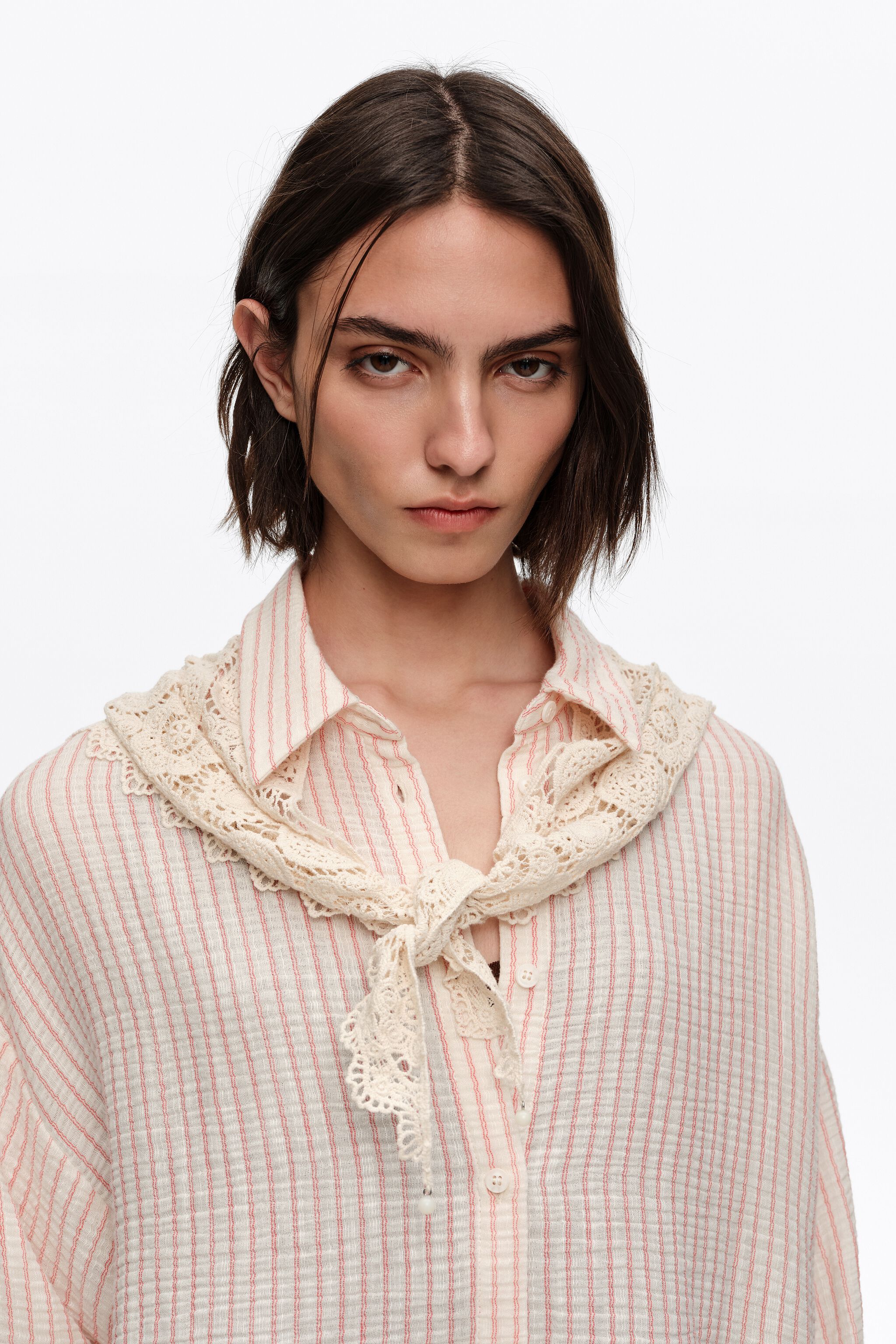 Red striped crochet scarf shirt