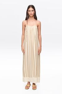 Kleid schmale Tr&auml;ger Leinen Streifen Sandfarbe