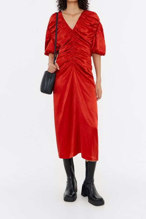 Red ruched midi dress