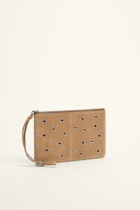 Medium beige leather zip make-up clutch