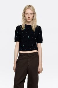 Black short sleeve rhinestone sweater