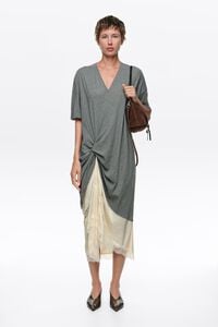 Gray melange two-material T-shirt dress with knot