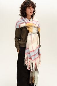 Ivory and red tartan wool scarf