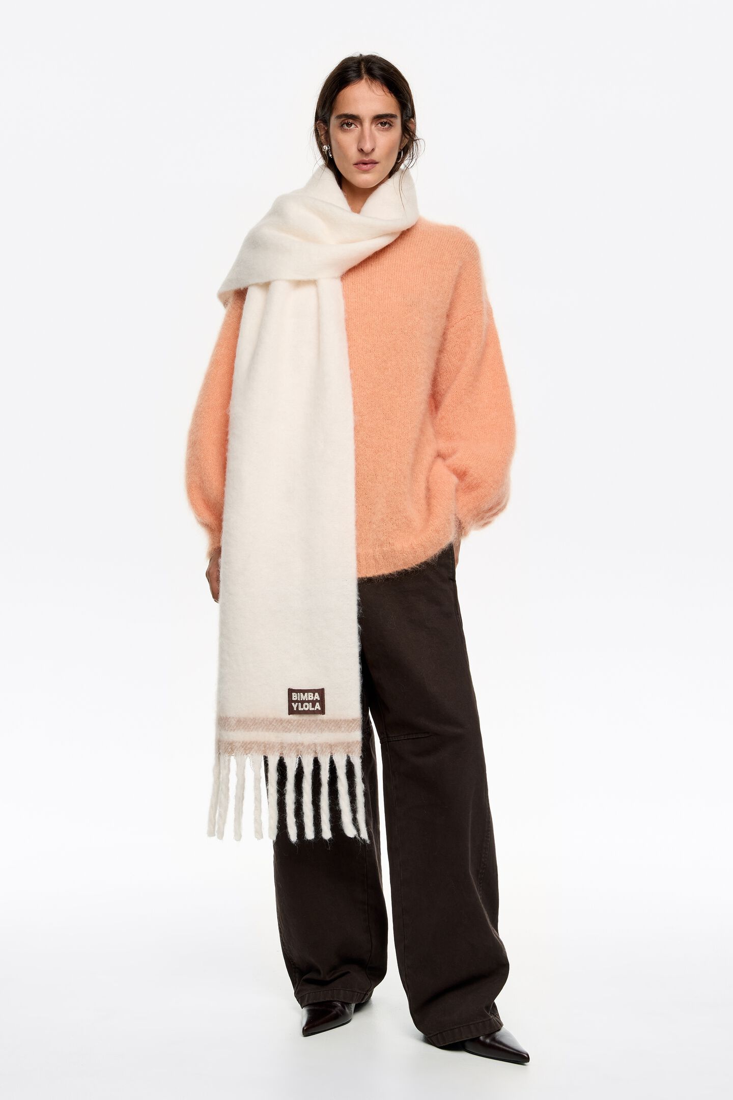 Bimba Y Lola Ivory Striped Brushed Scarf