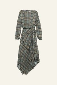 Khaki Tartan Pleated Ruched Dress
