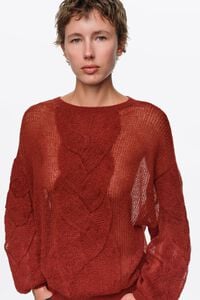 Sweter moherowy splot warkoczowy ceglastoczerwony