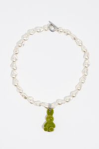 Pearl necklace green flocked rabbit charm