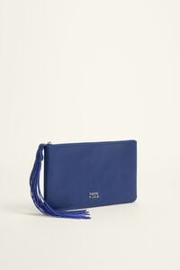 Medium electric blue fringed leather zip make-up clutch
