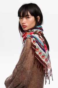 Szal patchwork kwiaty ikat bordowy