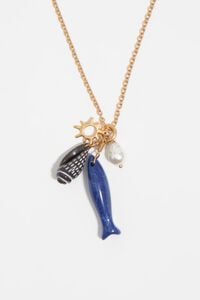 Aged gold necklace with fish and seashells