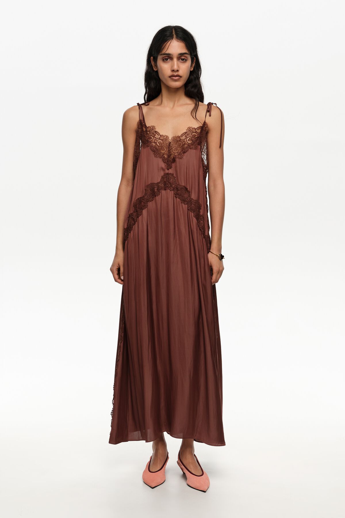brown and lace dress  BLK.BLZR and scalloped lace trim at upper edge and hem Lace Brown Dress - Shop