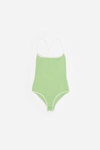 Green swimsuit with contrasting white trim