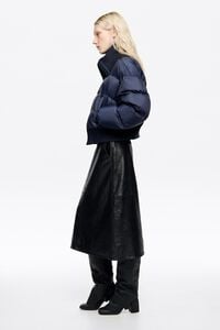 Navy blue down jacket with maxi knit neck