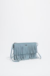 Small sky blue leather fringed clutch bag