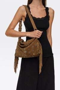 Bolso Paper peque&ntilde;o serraje flecos y tachas oliva