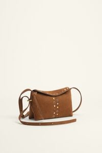 Small tobacco suede studded flap crossbody bag