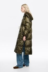 Dark khaki down jacket with maxi neck and faux shearling hood