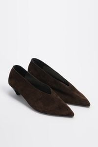 Brown suede low heel court shoe