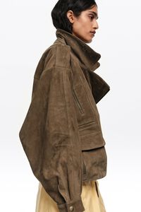 Dark olive suede double-breasted jacket