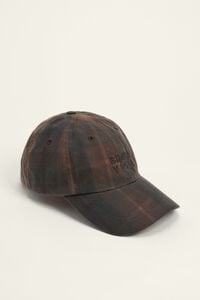 Casquette en tissu cir&eacute; tartan marron