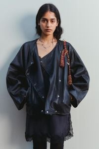 Black leather double-breasted jacket